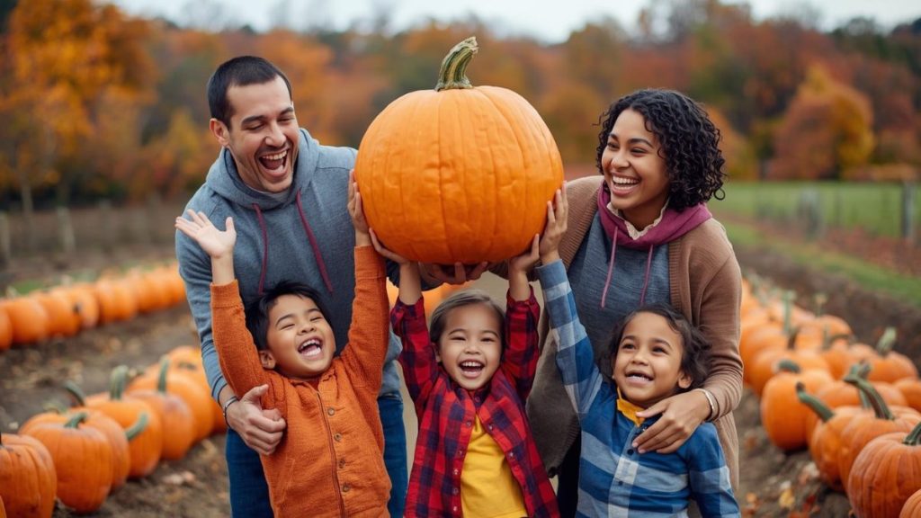 Family laughing in a bright pumpkin patch in London, Ontario while holding up their chosen pumpki