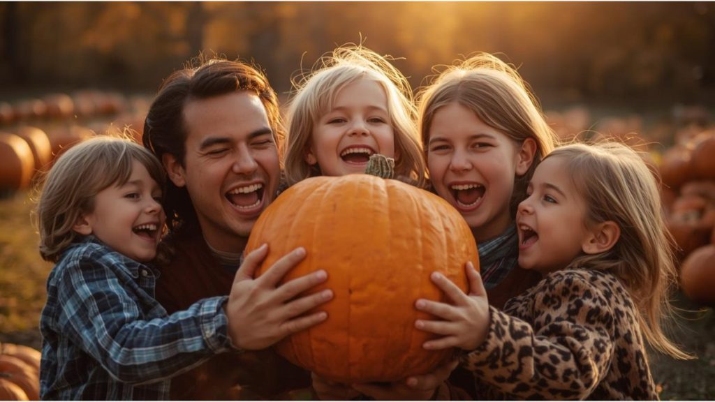 Family laughing in a bright pumpkin patch in London, Ontario while holding up their chosen pumpkin.