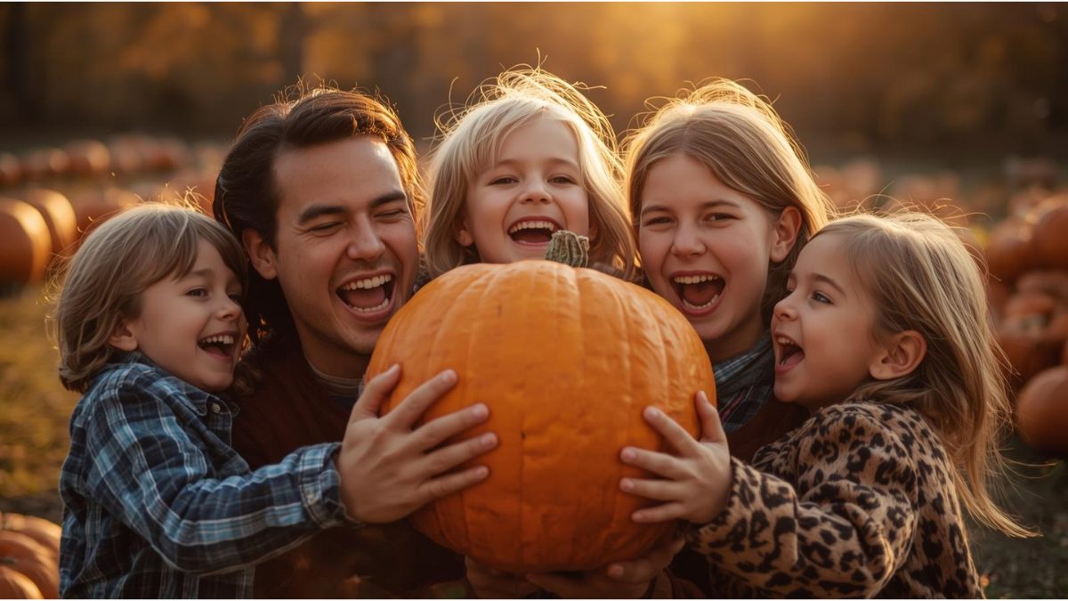 Family laughing in a bright pumpkin patch in London, Ontario while holding up their chosen pumpkin.