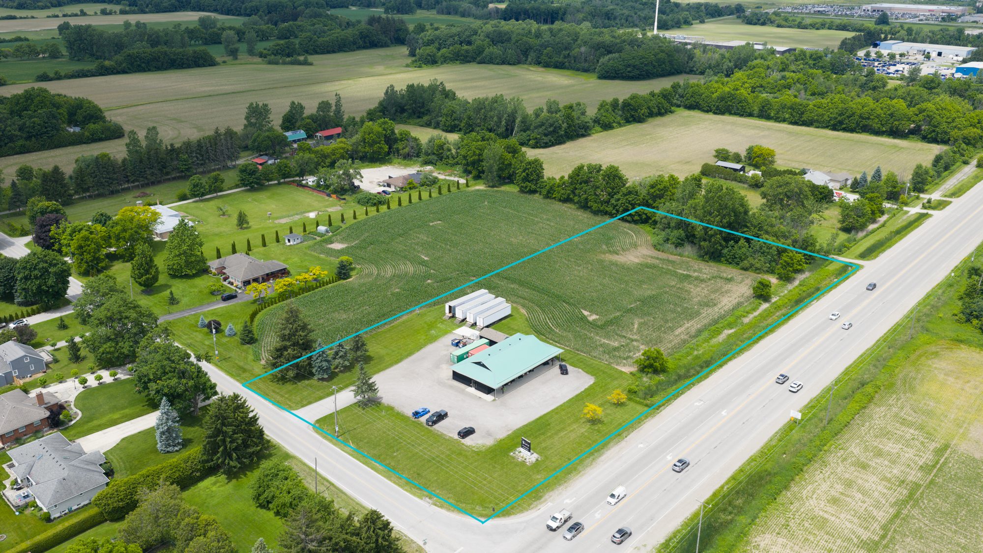 Aerial of 3014 Westminster Drive with property lines showing the full 3.66-acre corner lot at Wellington Rd and Westminster Dr, London Ontario