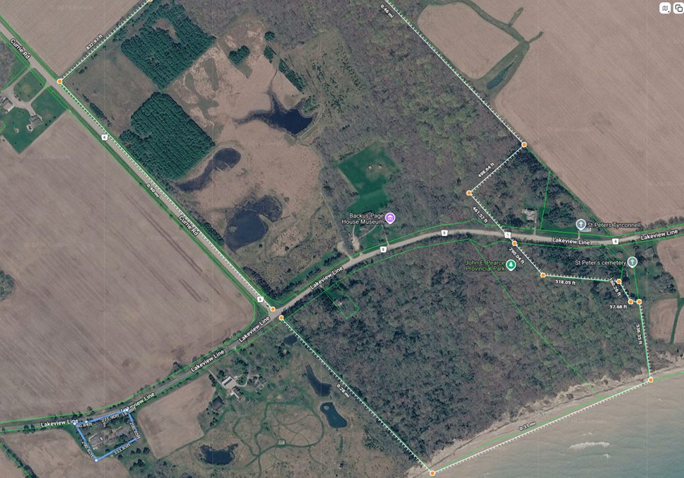 Aerial map outlining John E. Pearce Provincial Park and the location of 29159 Lakeview Line, Wallacetown